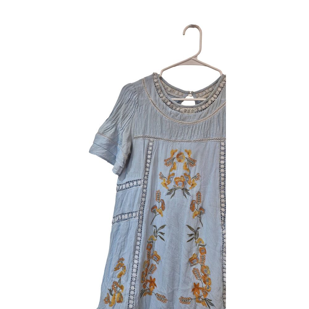 Brass & Roe Light Blue Embroidered Floral Swing Dress Lace Trim Flutter Sleeve M - Picture 3 of 16
